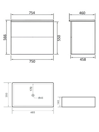 Тумба с раковиной подвесная 75 см, Orange Otto Ot-75TuMDF+B02-460MB белый глянец